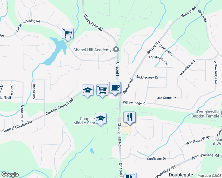 map of restaurants, bars, coffee shops, grocery stores, and more near 4336 Central Church Road in Douglasville
