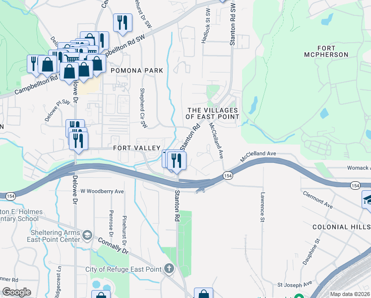 map of restaurants, bars, coffee shops, grocery stores, and more near 1980 Stanton Road in East Point