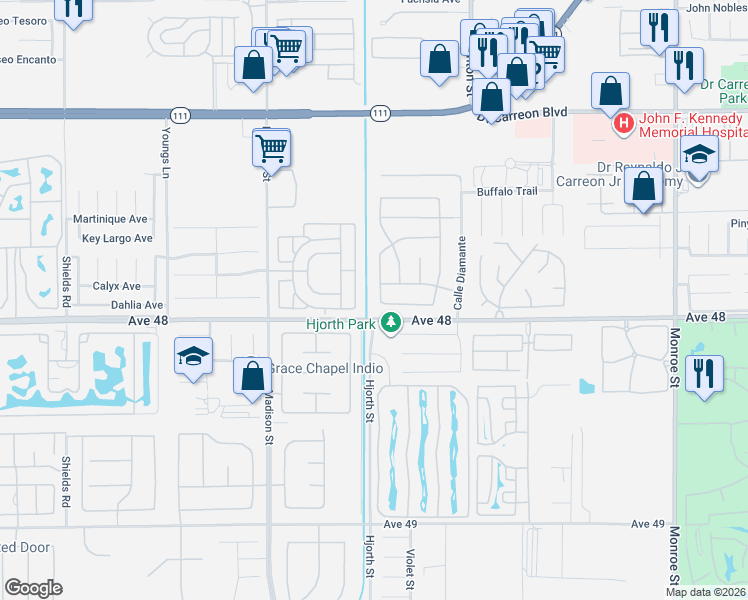 map of restaurants, bars, coffee shops, grocery stores, and more near 47901 Calle Hermosa in Indio