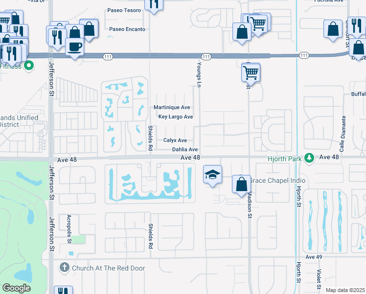 map of restaurants, bars, coffee shops, grocery stores, and more near 80623 Dahlia Avenue in Indio
