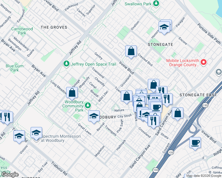 map of restaurants, bars, coffee shops, grocery stores, and more near 123 Chantilly in Irvine