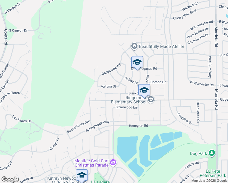 map of restaurants, bars, coffee shops, grocery stores, and more near 25180 Juno Street in Menifee