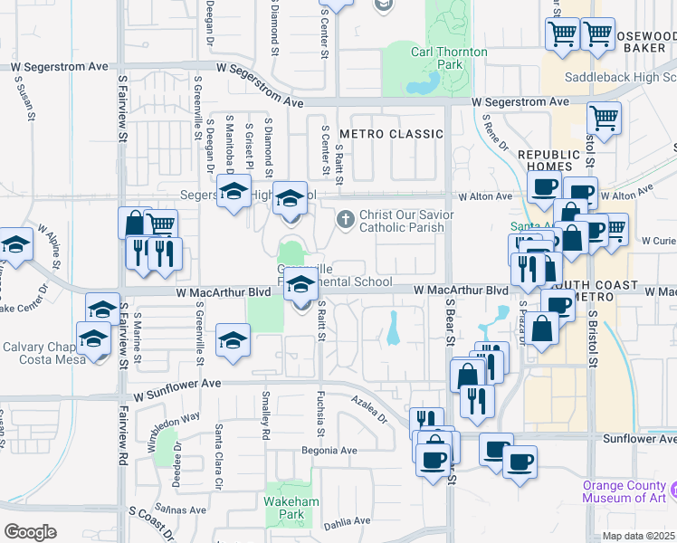map of restaurants, bars, coffee shops, grocery stores, and more near 2033 Rembrandt in Santa Ana
