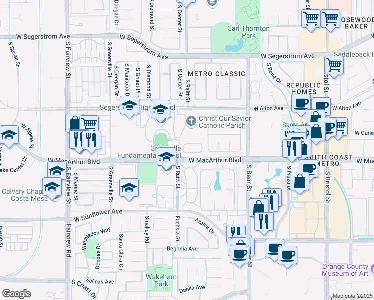 map of restaurants, bars, coffee shops, grocery stores, and more near 2033 Rembrandt in Santa Ana