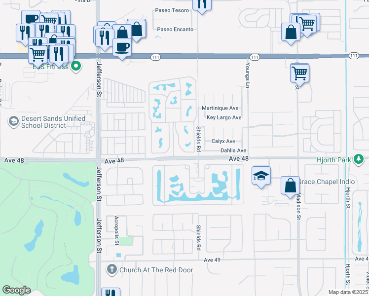 map of restaurants, bars, coffee shops, grocery stores, and more near 80394 Avenue 48 in Indio