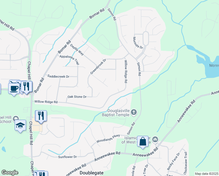 map of restaurants, bars, coffee shops, grocery stores, and more near 3875 Forsythia Way in Douglasville