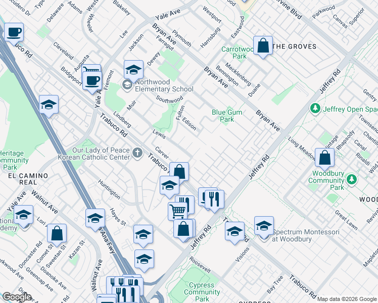 map of restaurants, bars, coffee shops, grocery stores, and more near 58 Lewis in Irvine