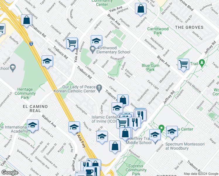 map of restaurants, bars, coffee shops, grocery stores, and more near 24 Carver in Irvine