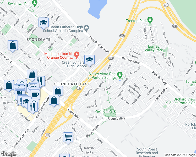 map of restaurants, bars, coffee shops, grocery stores, and more near 144 Capricorn in Irvine