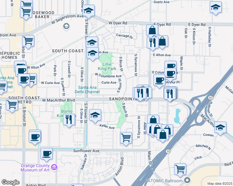 map of restaurants, bars, coffee shops, grocery stores, and more near 419 West Alpine Avenue in Santa Ana