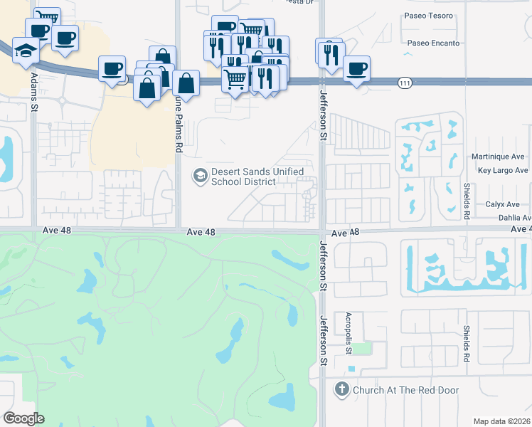 map of restaurants, bars, coffee shops, grocery stores, and more near 47870 Rosemary Street in La Quinta