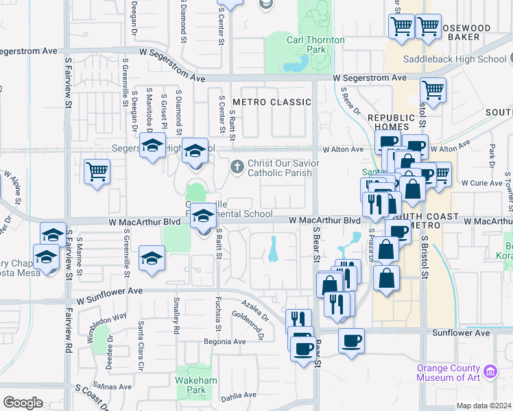 map of restaurants, bars, coffee shops, grocery stores, and more near 3464 South Crawford Glen in Santa Ana