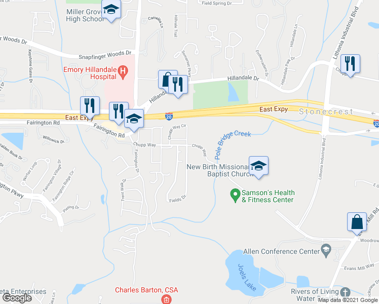 map of restaurants, bars, coffee shops, grocery stores, and more near 3117 Fields Drive in Lithonia