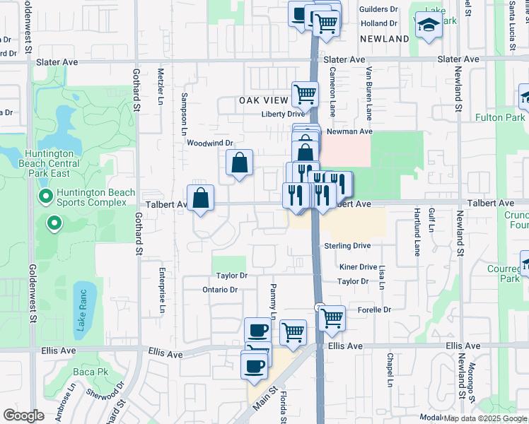 map of restaurants, bars, coffee shops, grocery stores, and more near in Huntington Beach