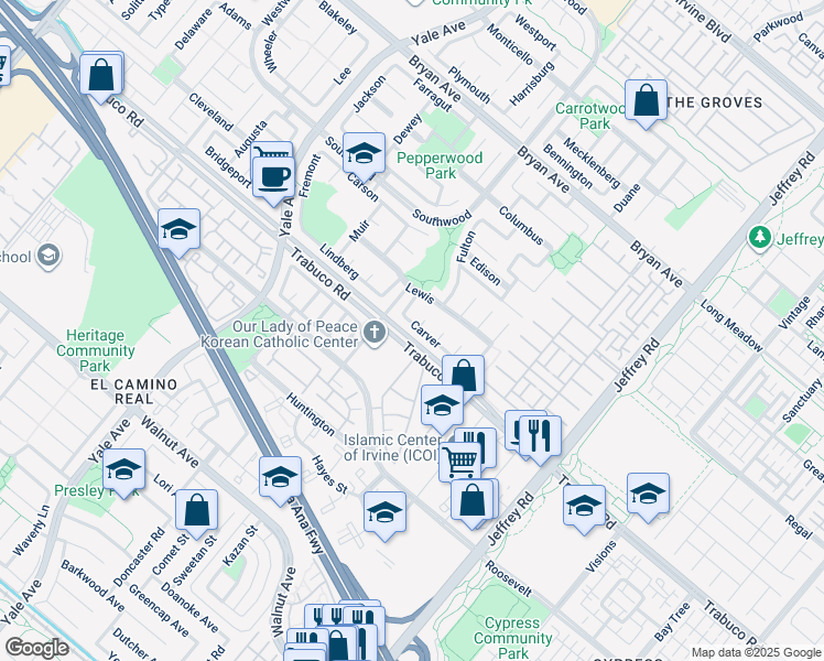 map of restaurants, bars, coffee shops, grocery stores, and more near 24 Carver in Irvine