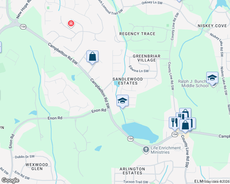 map of restaurants, bars, coffee shops, grocery stores, and more near 2011 Sandbrook Court Southwest in Atlanta