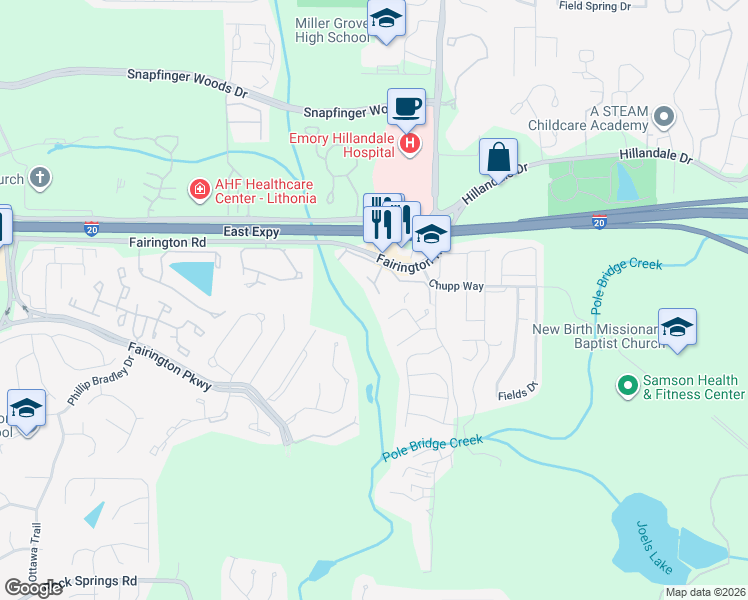 map of restaurants, bars, coffee shops, grocery stores, and more near 107 Tiburon Court in Stonecrest