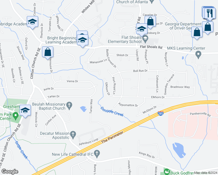 map of restaurants, bars, coffee shops, grocery stores, and more near 2426 Elkhorn Drive in Decatur