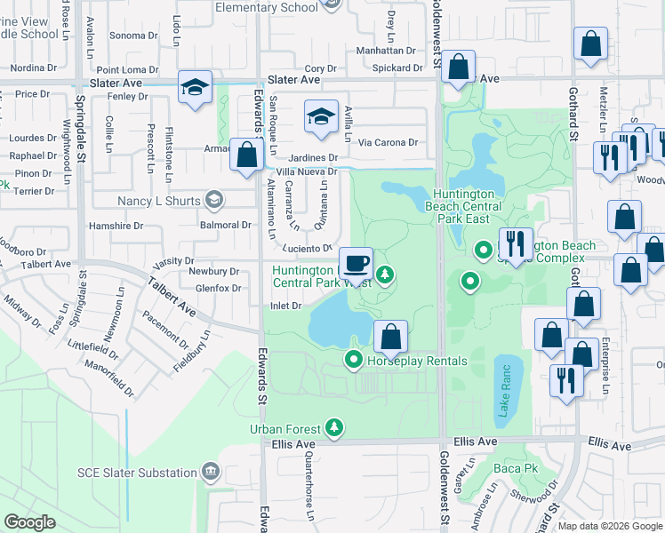 map of restaurants, bars, coffee shops, grocery stores, and more near 18011 Shoreview Circle in Huntington Beach