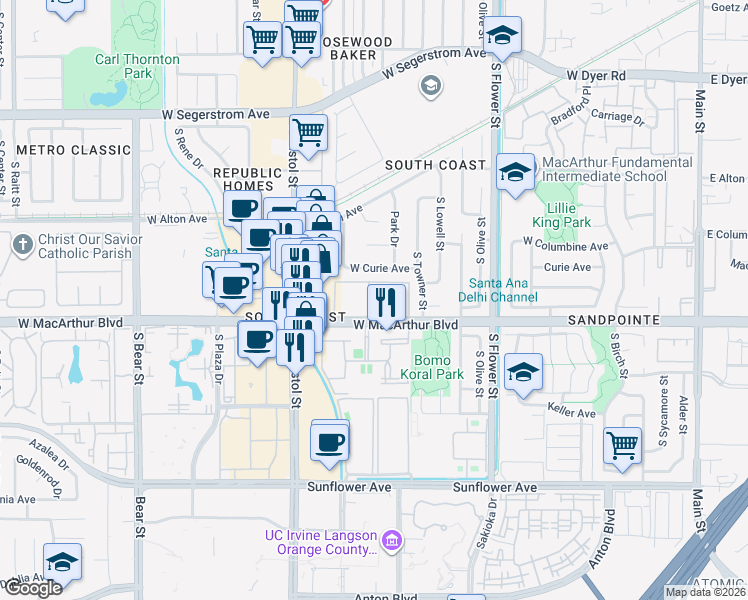 map of restaurants, bars, coffee shops, grocery stores, and more near 1101 West MacArthur Boulevard in Santa Ana