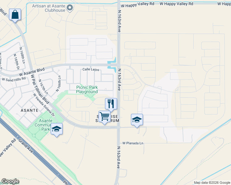 map of restaurants, bars, coffee shops, grocery stores, and more near 23849 North 163rd Drive in Surprise