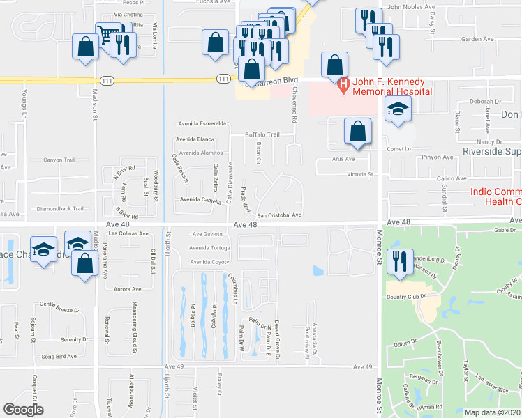 map of restaurants, bars, coffee shops, grocery stores, and more near 47884 Coronado Drive in Indio