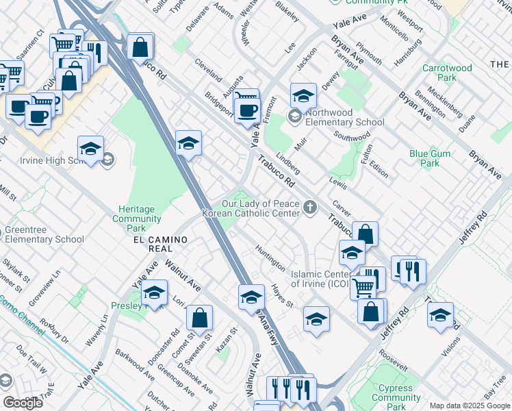 map of restaurants, bars, coffee shops, grocery stores, and more near 62 Van Buren in Irvine