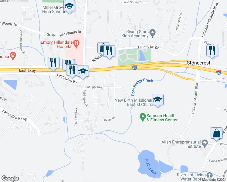 map of restaurants, bars, coffee shops, grocery stores, and more near 3118 Fields Drive in Lithonia