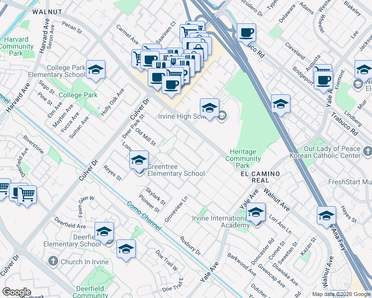 map of restaurants, bars, coffee shops, grocery stores, and more near 4322 Brookside Street in Irvine