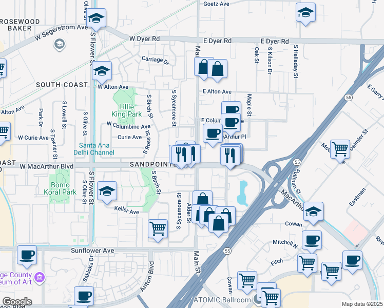 map of restaurants, bars, coffee shops, grocery stores, and more near 3400 South Main Street in Santa Ana