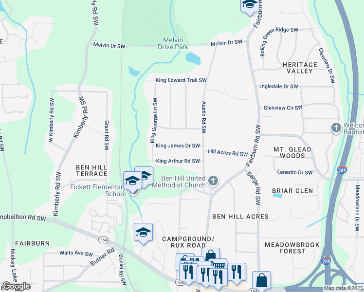 map of restaurants, bars, coffee shops, grocery stores, and more near 3814 King James Drive Southwest in Atlanta