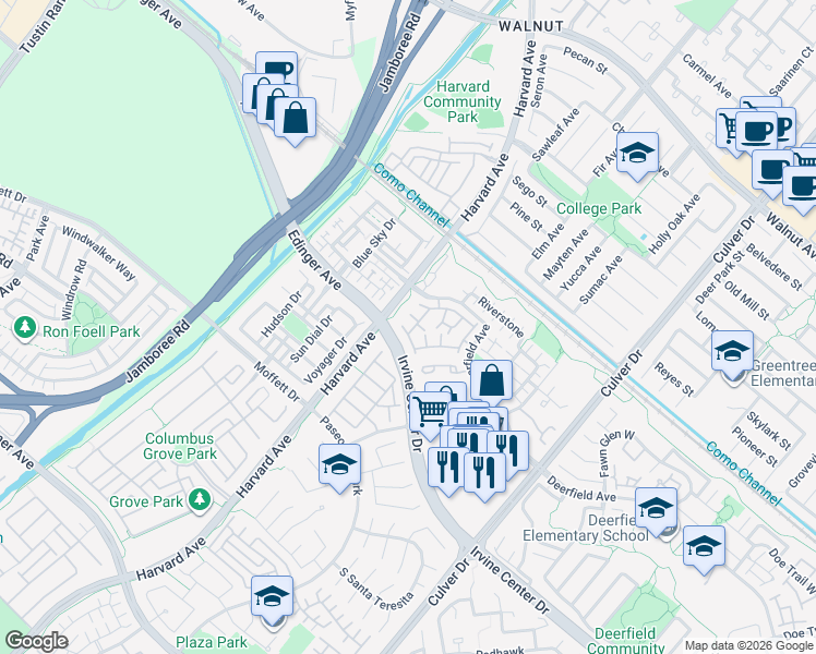 map of restaurants, bars, coffee shops, grocery stores, and more near 381 Deerfield Avenue in Irvine