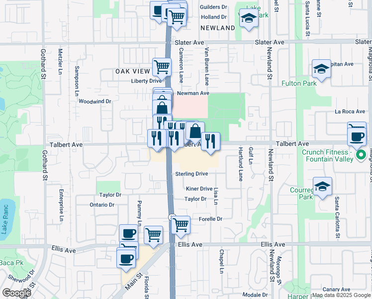 map of restaurants, bars, coffee shops, grocery stores, and more near 8112 Talbert Avenue in Huntington Beach