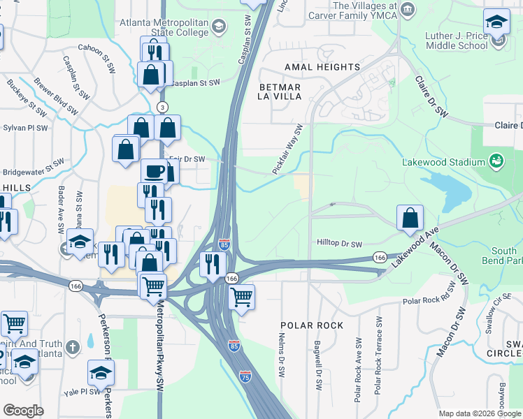 map of restaurants, bars, coffee shops, grocery stores, and more near 1967 Saint Johns Circle Southwest in Atlanta