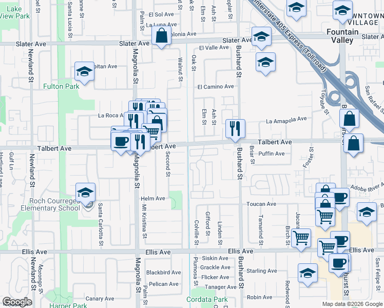 map of restaurants, bars, coffee shops, grocery stores, and more near 101 Parrot Lane in Fountain Valley