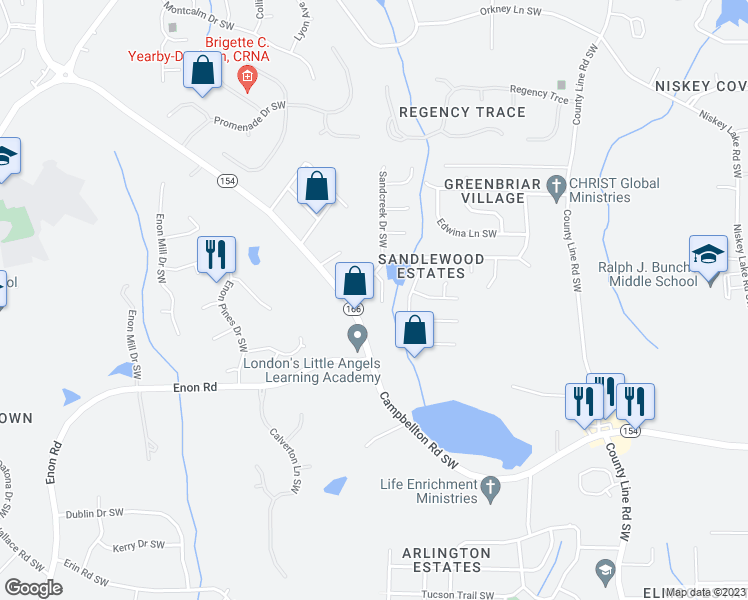 map of restaurants, bars, coffee shops, grocery stores, and more near 2007 Sandbrook Court Southwest in Atlanta
