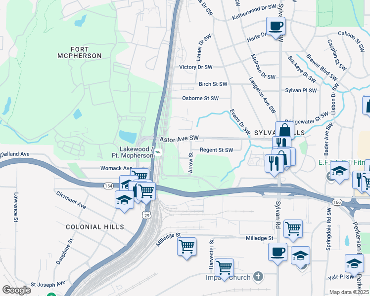 map of restaurants, bars, coffee shops, grocery stores, and more near 1150 Astor Avenue Southwest in Atlanta