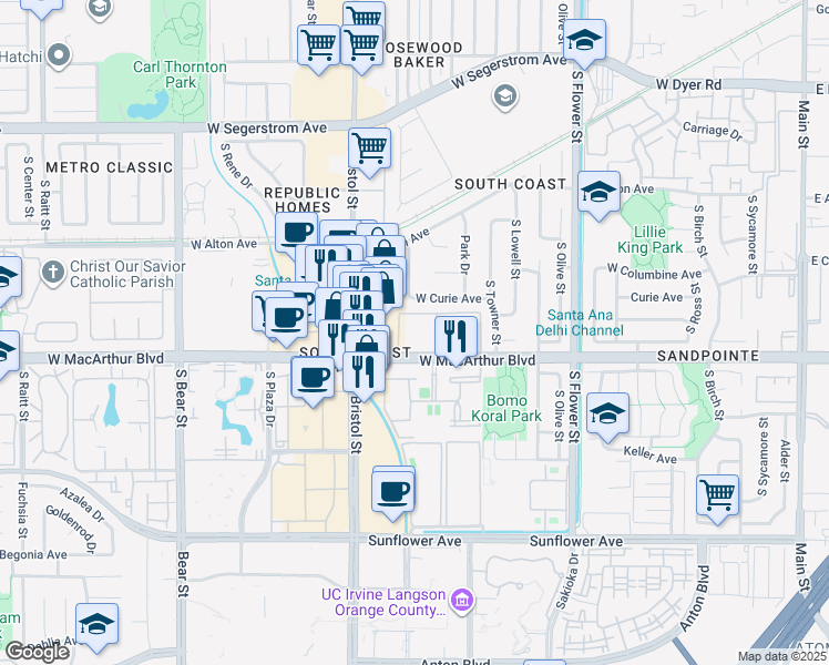map of restaurants, bars, coffee shops, grocery stores, and more near 1101 West MacArthur Boulevard in Santa Ana