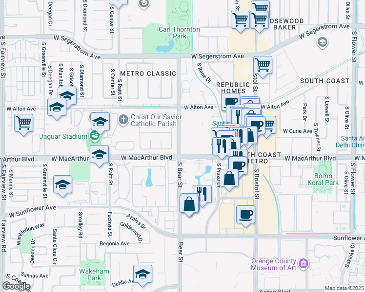 map of restaurants, bars, coffee shops, grocery stores, and more near 1601 West MacArthur Boulevard in Santa Ana