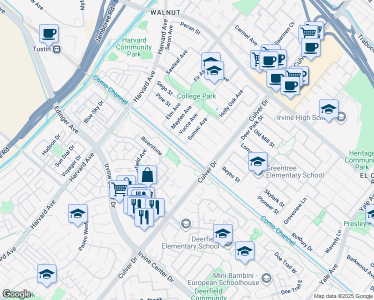 map of restaurants, bars, coffee shops, grocery stores, and more near 3852 Blackthorn Street in Irvine