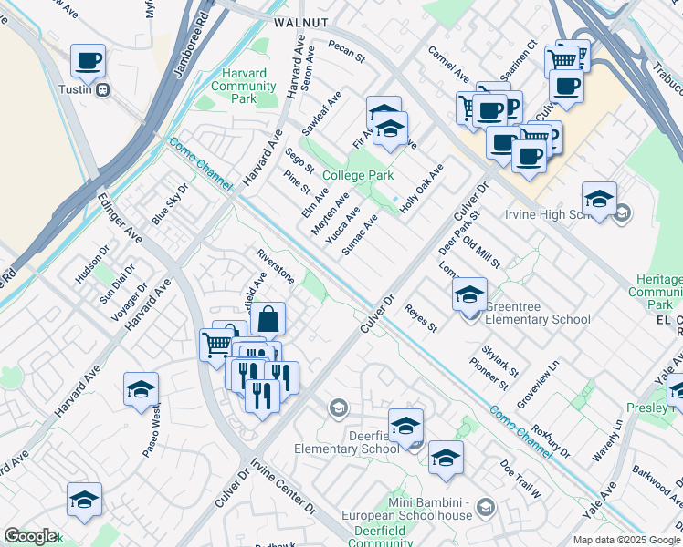 map of restaurants, bars, coffee shops, grocery stores, and more near 3852 Blackthorn Street in Irvine
