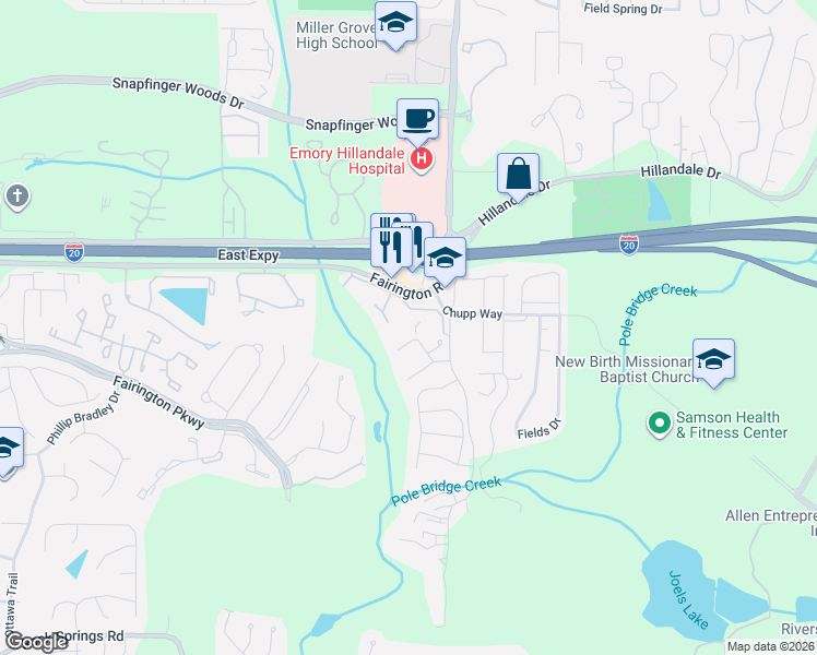 map of restaurants, bars, coffee shops, grocery stores, and more near 2972 Parc Lorraine in Stonecrest