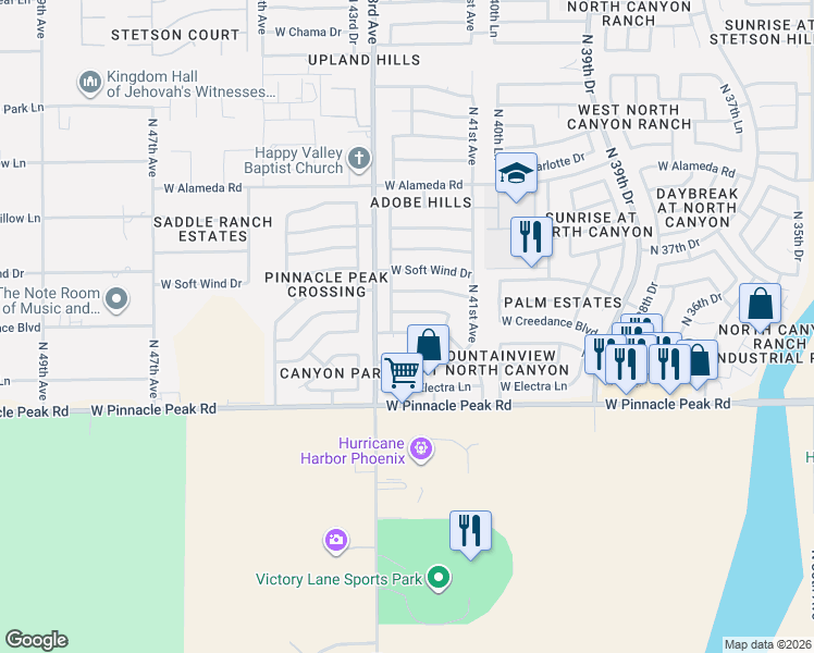 map of restaurants, bars, coffee shops, grocery stores, and more near 4219 West Creedance Boulevard in Glendale