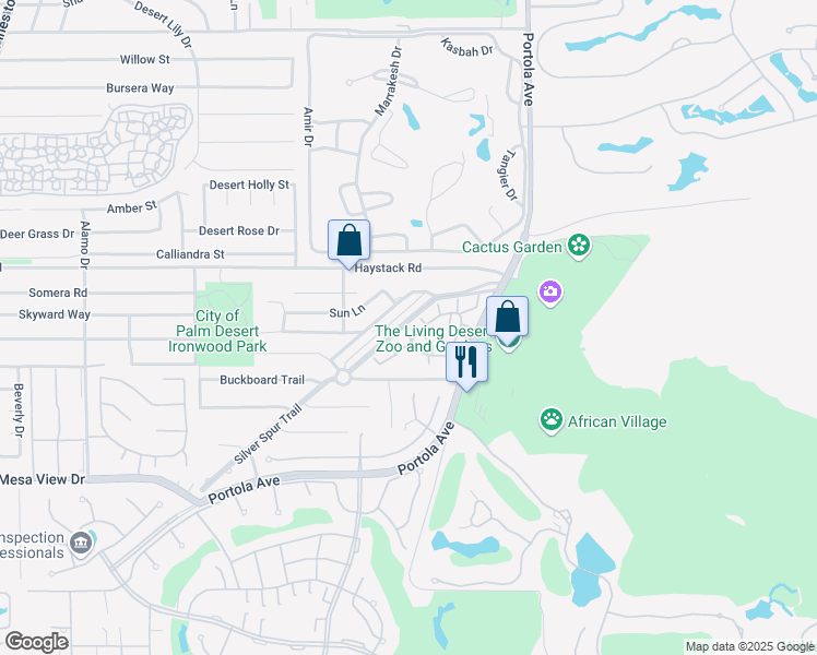 map of restaurants, bars, coffee shops, grocery stores, and more near 73680 Roadrunner Court in Palm Desert