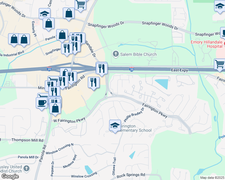 map of restaurants, bars, coffee shops, grocery stores, and more near 175 Rue Fontaine in Stonecrest