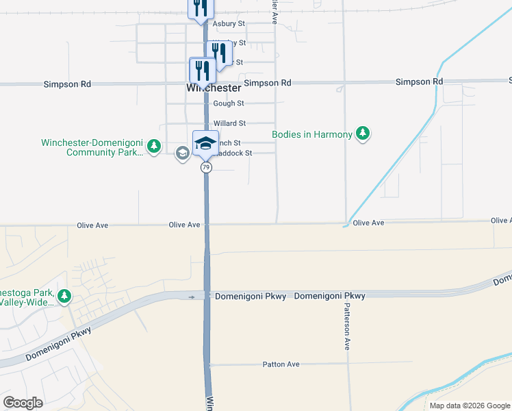 map of restaurants, bars, coffee shops, grocery stores, and more near 33210 Olive Avenue in Winchester