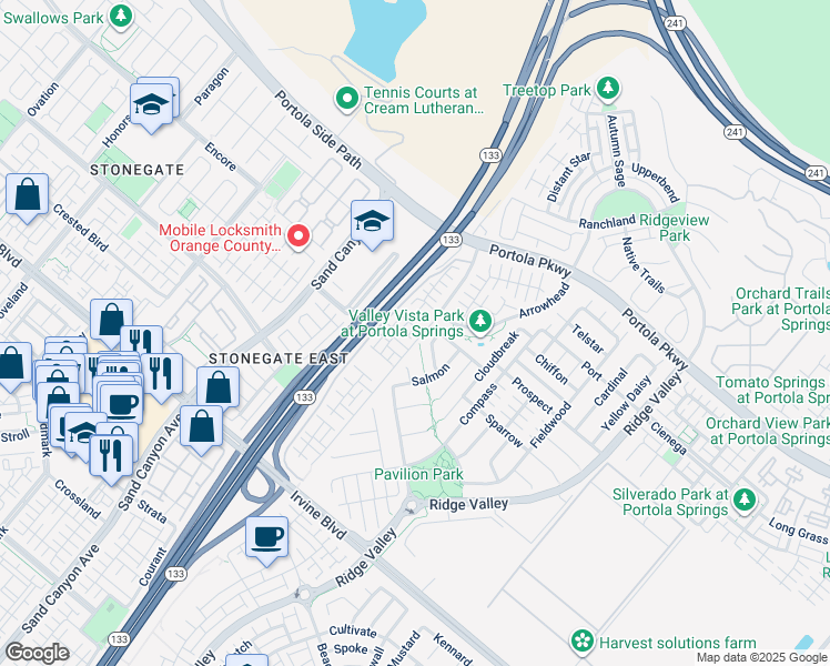 map of restaurants, bars, coffee shops, grocery stores, and more near 60 Capricorn in Irvine
