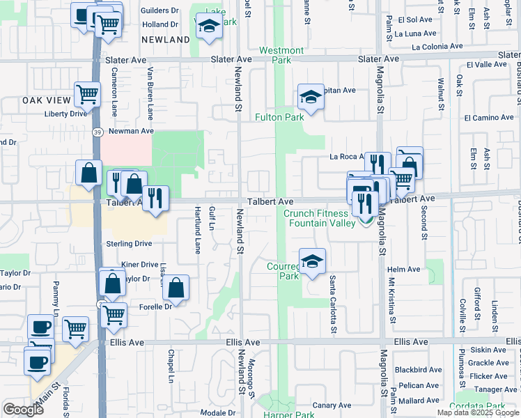 map of restaurants, bars, coffee shops, grocery stores, and more near 18008 Hazel Court in Fountain Valley