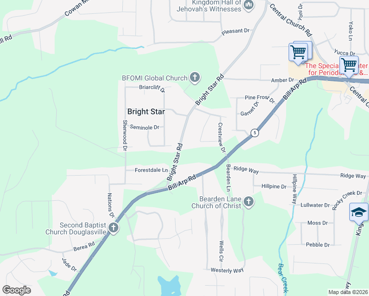 map of restaurants, bars, coffee shops, grocery stores, and more near 3862 Bright Star Road in Douglasville