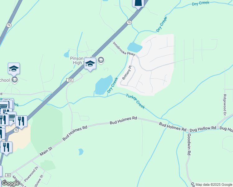 map of restaurants, bars, coffee shops, grocery stores, and more near 6782 Brittany Place in Pinson